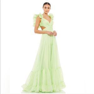 MAC DUGGAL Mint Green Ruffle Tiered Cut Out Empire Waist Chiffon Gown